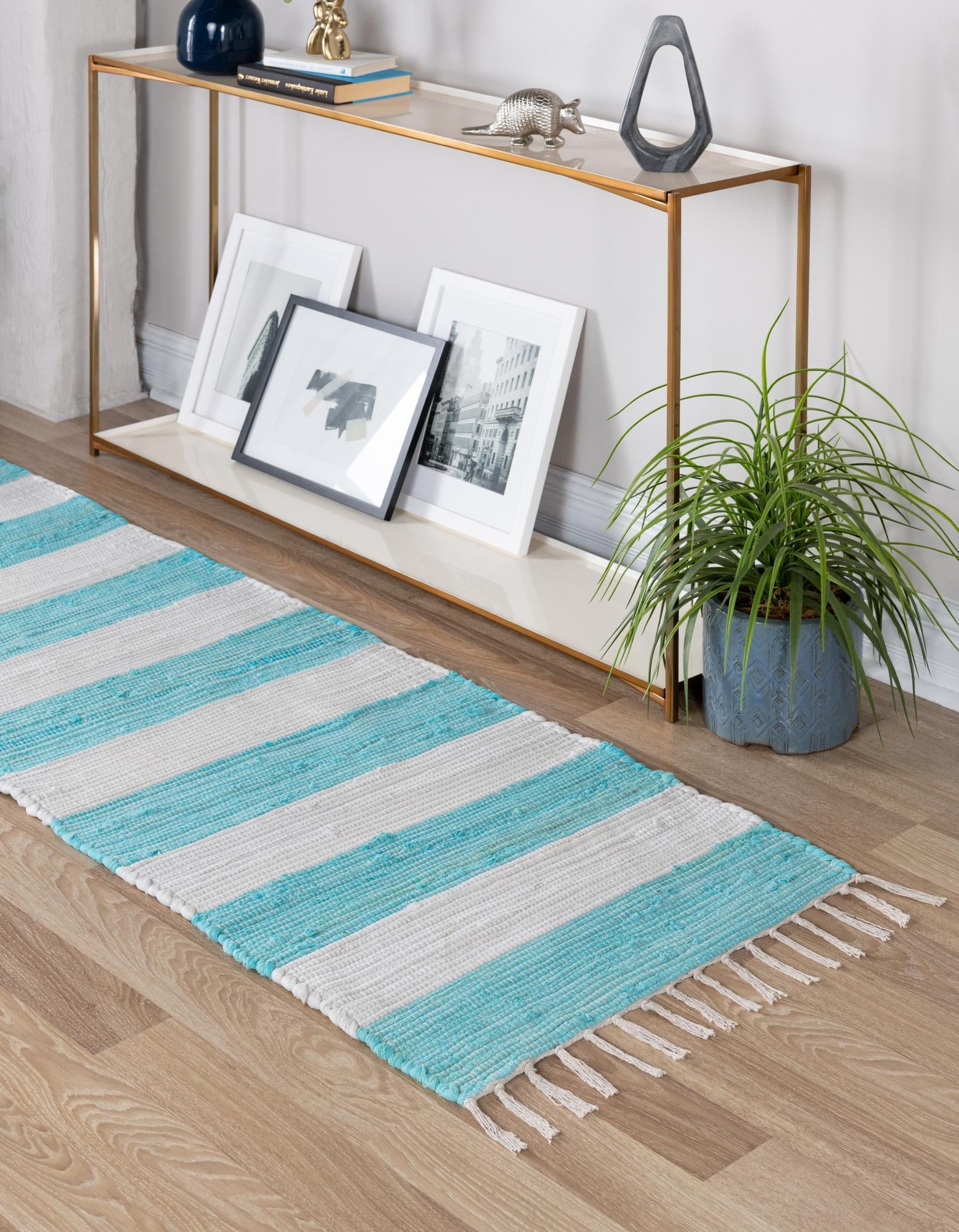 Tassel Trail Collection Area Rug - Pathway (Turquoise and Ivory)