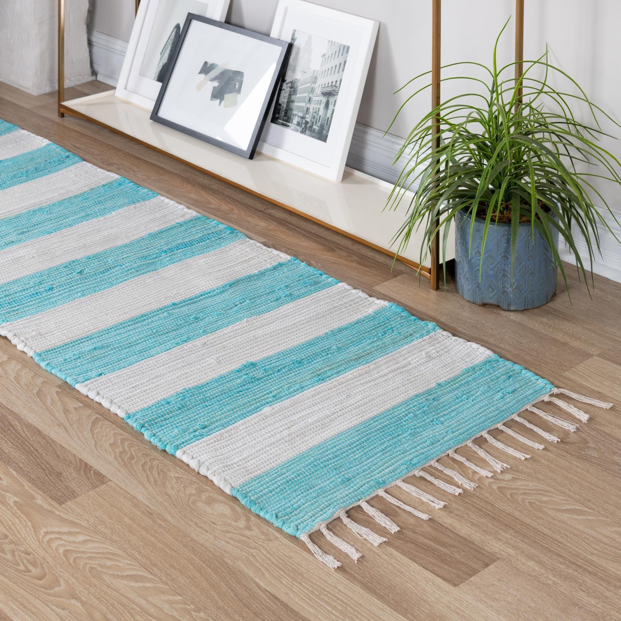 Tassel Trail Collection Area Rug - Pathway (Turquoise and Ivory)