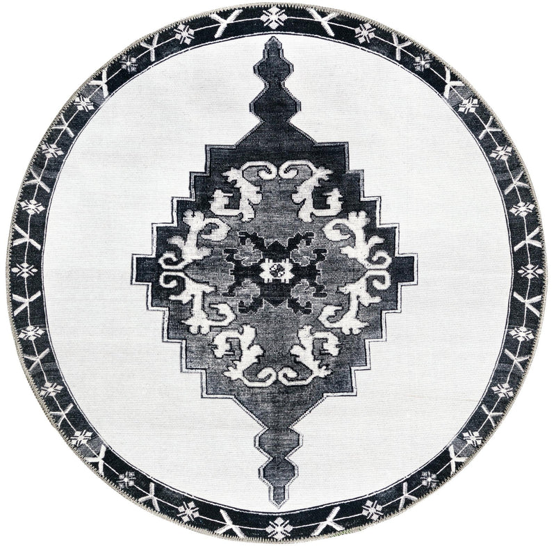 Heritage Elegance Collection Area Rug -  Winterthur (Black and White) Round Black and White  lifestyle 17