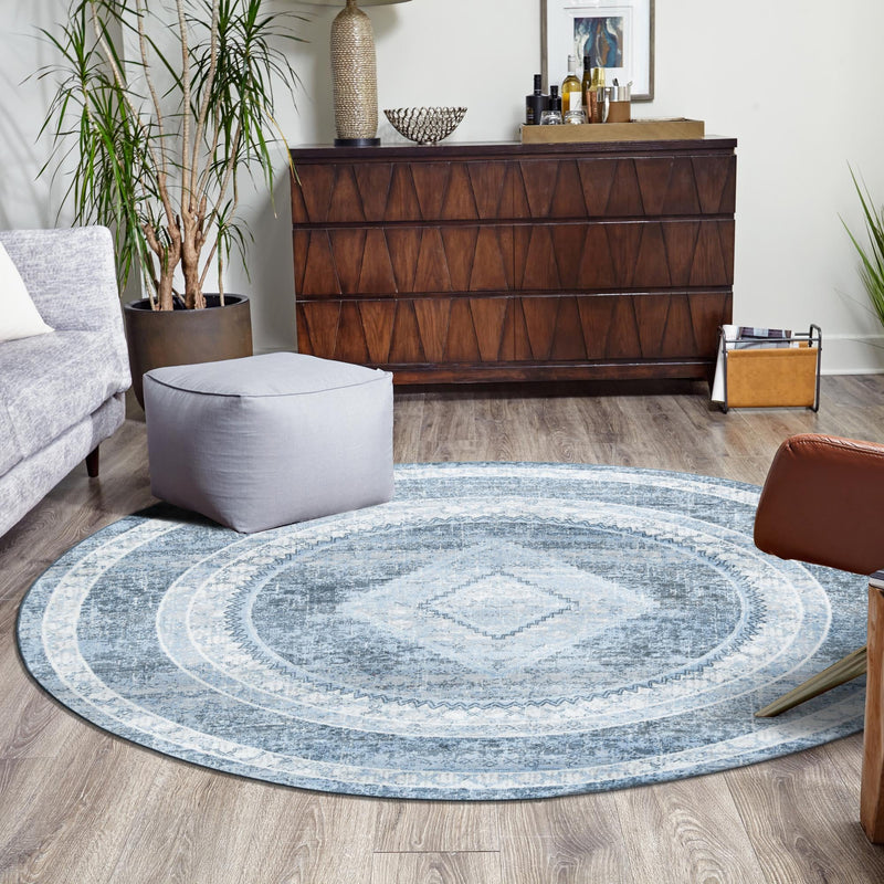 Aegean Elegance Washables Collection Area Rug -  Delos Round Navy Blue  lifestyle 118