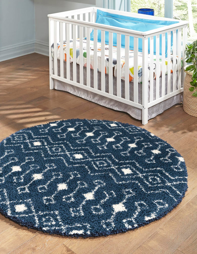 Berber Lattice Shag Collection Area Rug - Atlas (Navy Blue) Round Navy Blue  lifestyle 0