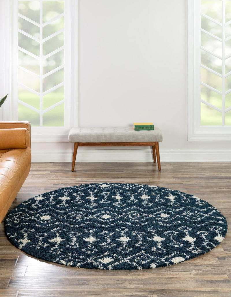 Berber Lattice Shag Collection Area Rug - Atlas (Navy Blue) Round Navy Blue  lifestyle 4