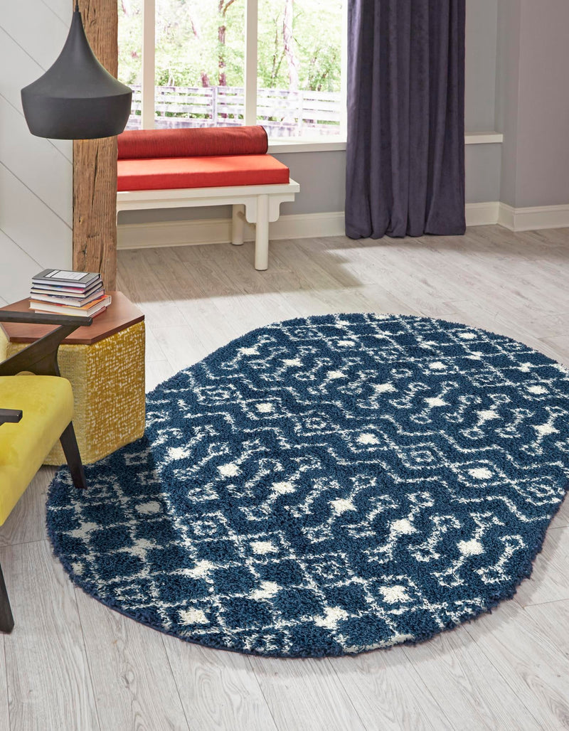 Berber Lattice Shag Collection Area Rug - Atlas (Navy Blue) Oval Navy Blue  lifestyle 0