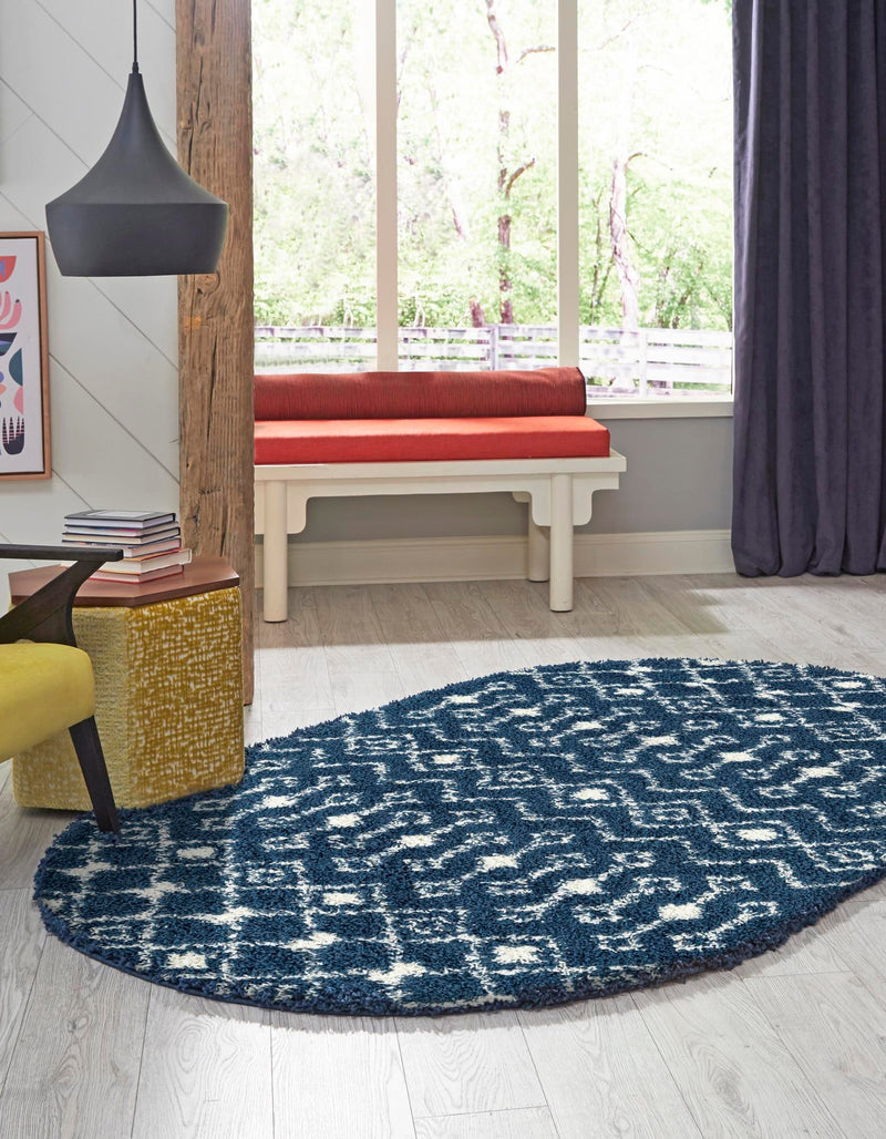 Berber Lattice Shag Collection Area Rug - Atlas (Navy Blue) Oval Navy Blue  lifestyle 2