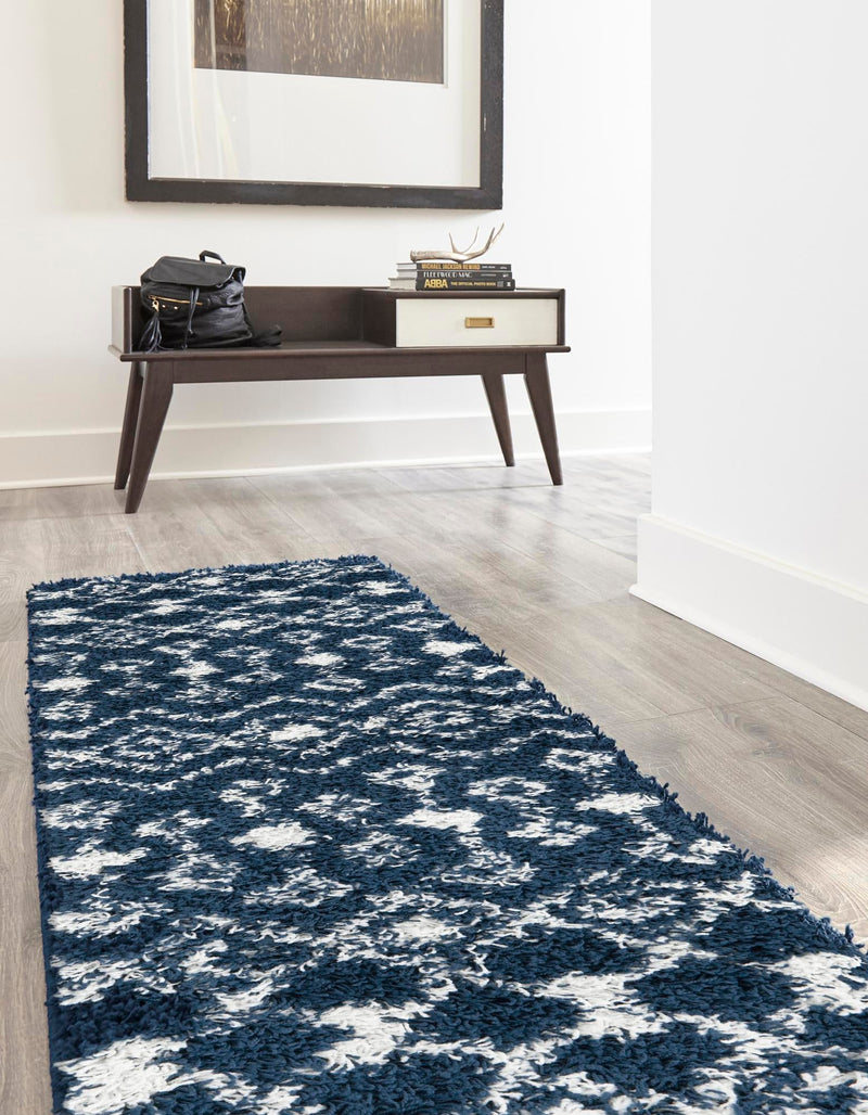 Berber Lattice Shag Collection Area Rug - Atlas (Navy Blue) Runner Navy Blue  lifestyle 2