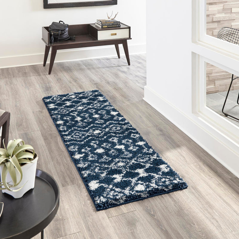 Berber Lattice Shag Collection Area Rug - Atlas (Navy Blue) Runner Navy Blue  lifestyle 13