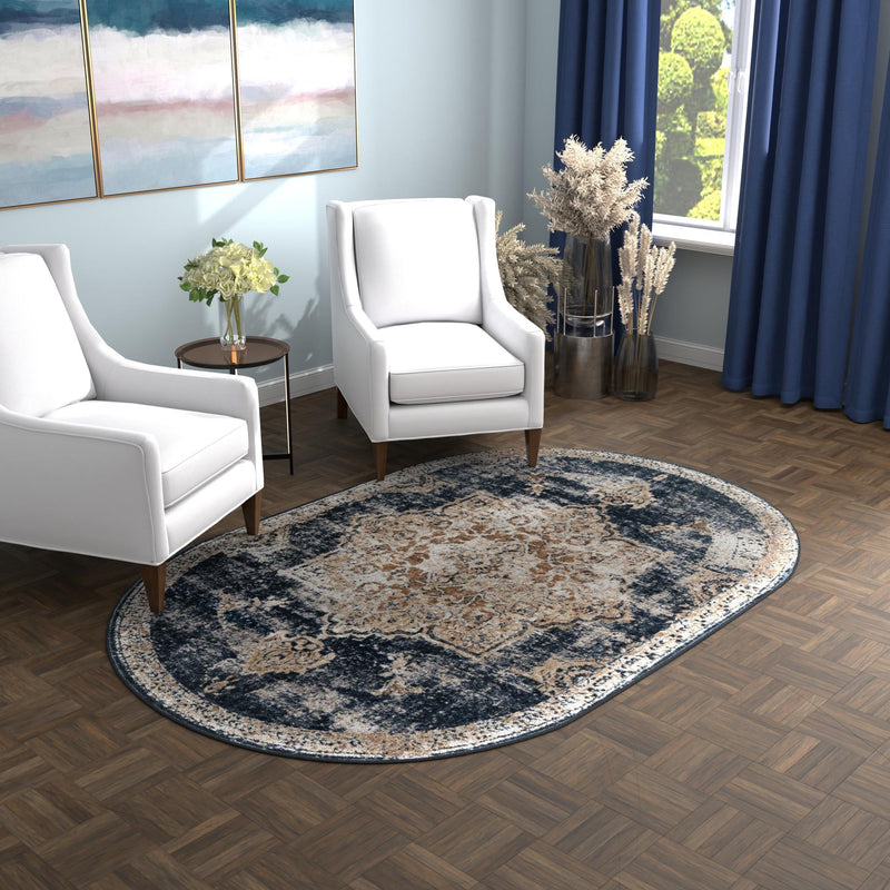 Coastal Manor Collection Area Rug -  Pelican Oval Dark Blue  lifestyle 126