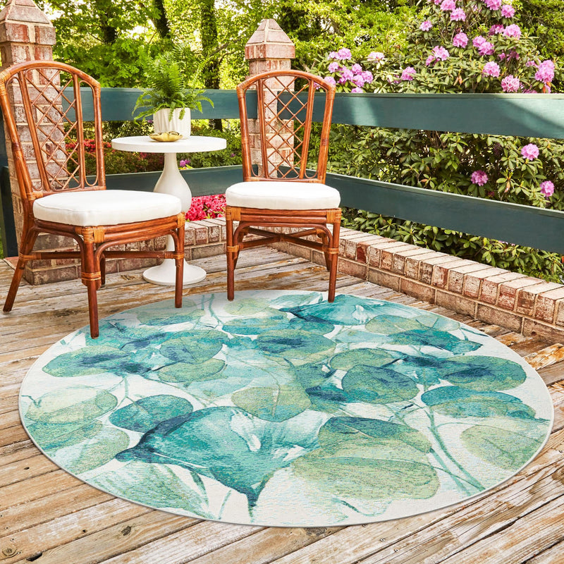 Garden Terrace Escape Collection Area Rug -  Flora Round Blue Green  lifestyle 60