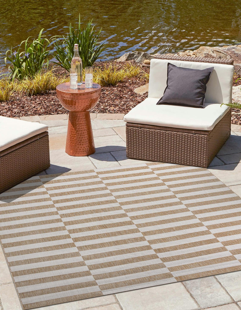 Patio Stripe Harmony Collection Area Rug - Cabana (Taupe) Square Taupe  lifestyle 0