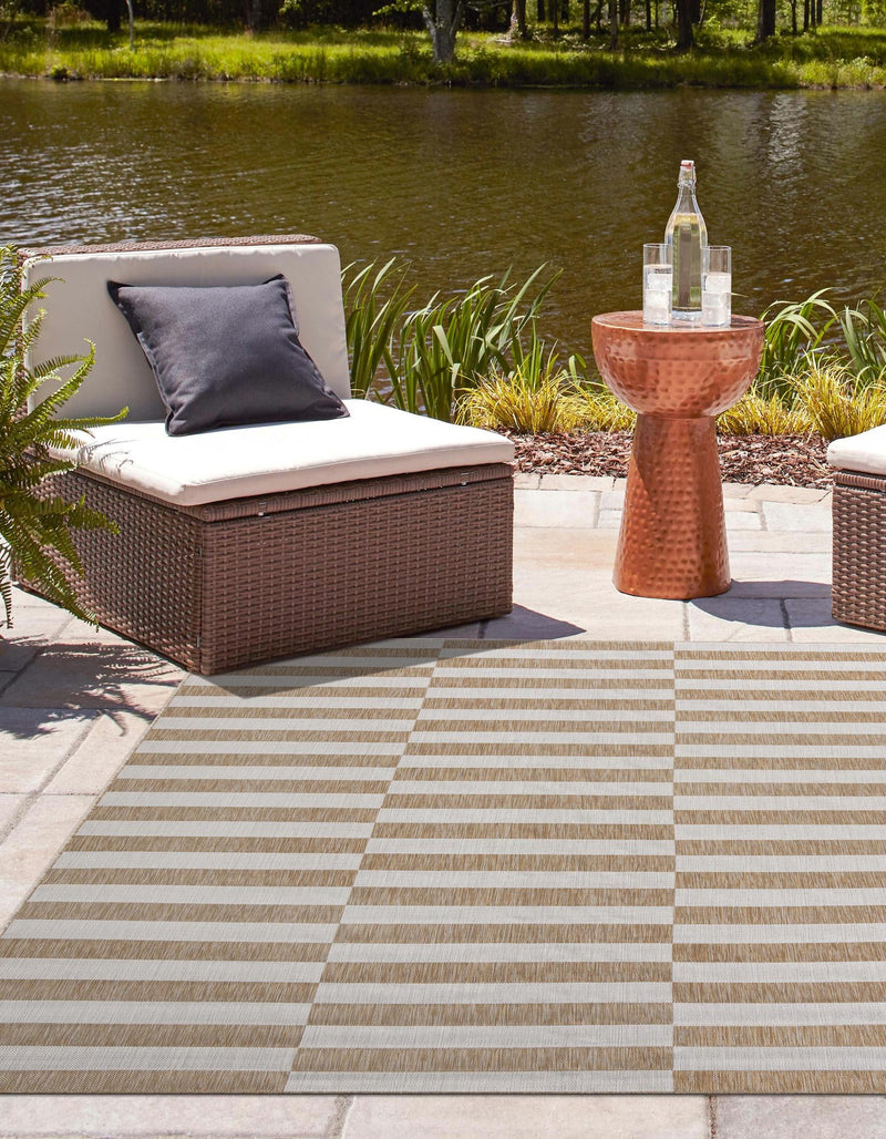 Patio Stripe Harmony Collection Area Rug - Cabana (Taupe) Square Taupe  lifestyle 2