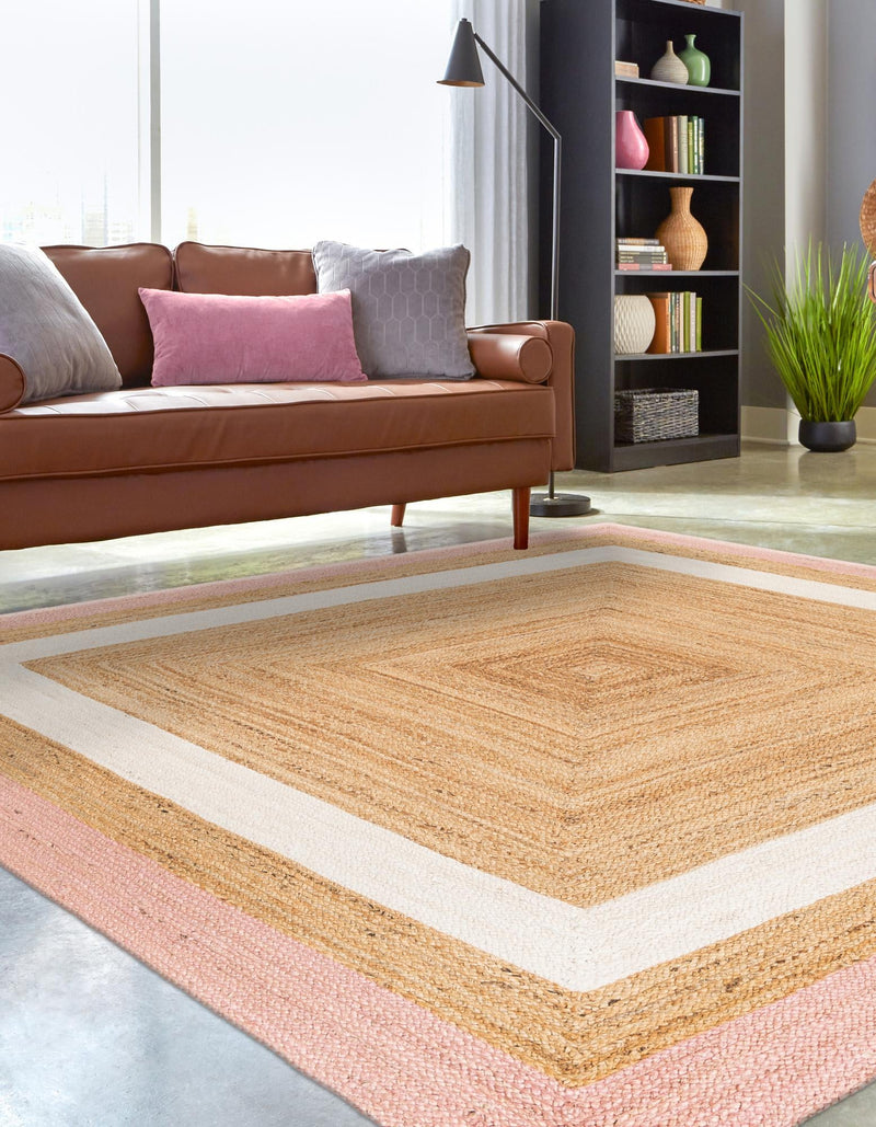 Woven Seaside Jute Collection Area Rug - Nantucket Square Pink White Natural  lifestyle 43