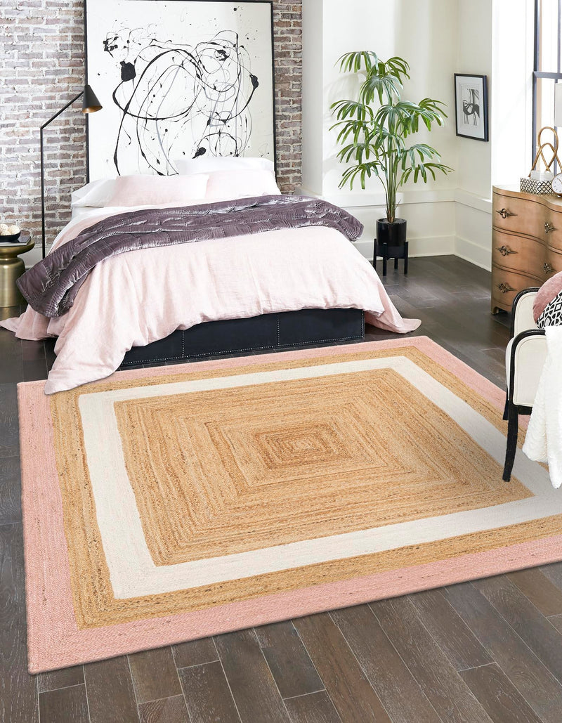 Woven Seaside Jute Collection Area Rug - Nantucket Square Pink White Natural  lifestyle 48