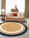 Woven Seaside Jute Collection Area Rug - Nantucket Round Navy Blue White Natural  lifestyle 39