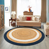 Woven Seaside Jute Collection Area Rug - Nantucket Round Navy Blue White Natural  lifestyle 64