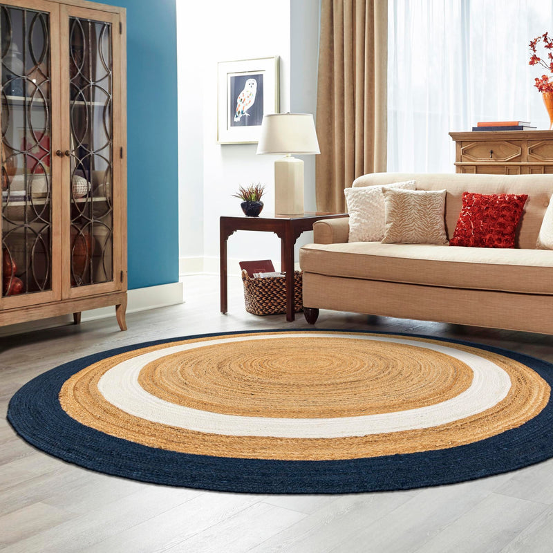 Woven Seaside Jute Collection Area Rug - Nantucket Round Navy Blue White Natural  lifestyle 69