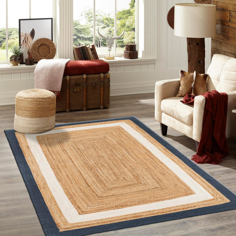 Woven Seaside Jute Collection Area Rug - Nantucket Rectangle Navy Blue White Natural  lifestyle 30