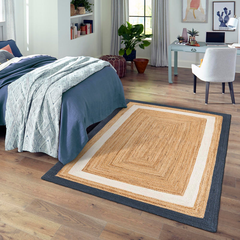 Woven Seaside Jute Collection Area Rug - Nantucket Rectangle Navy Blue White Natural  lifestyle 34