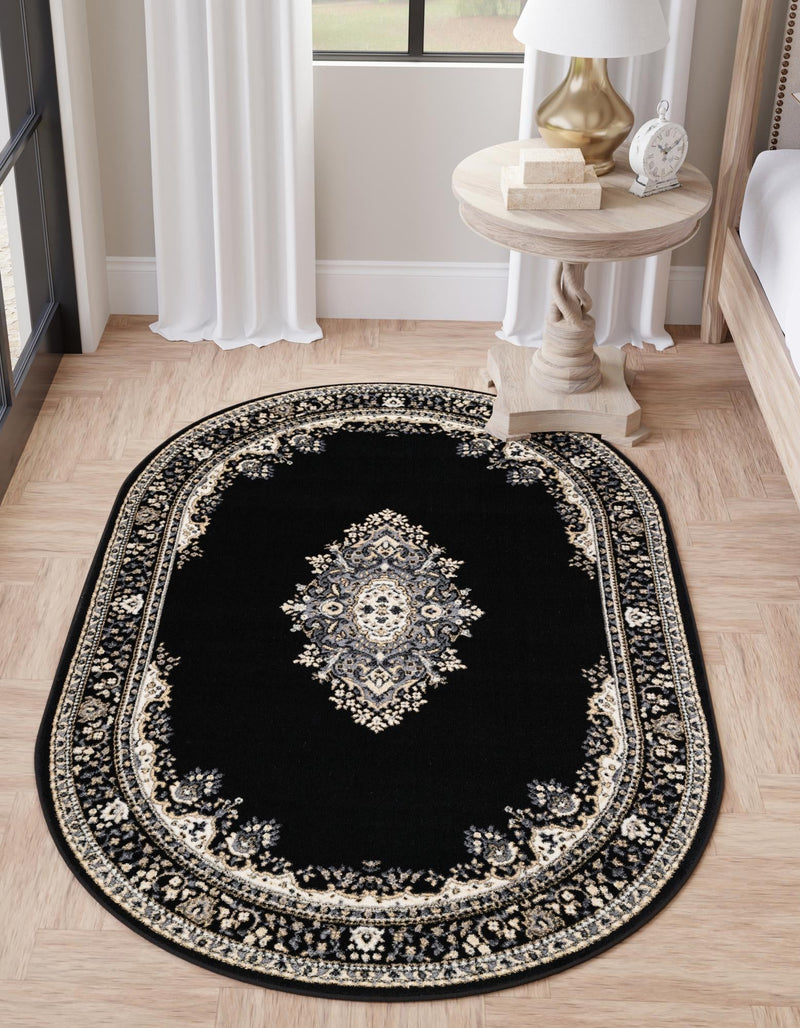 Tabriz Tapestry Collection Area Rug - Azerbaijan (Black) Oval Black  lifestyle 26