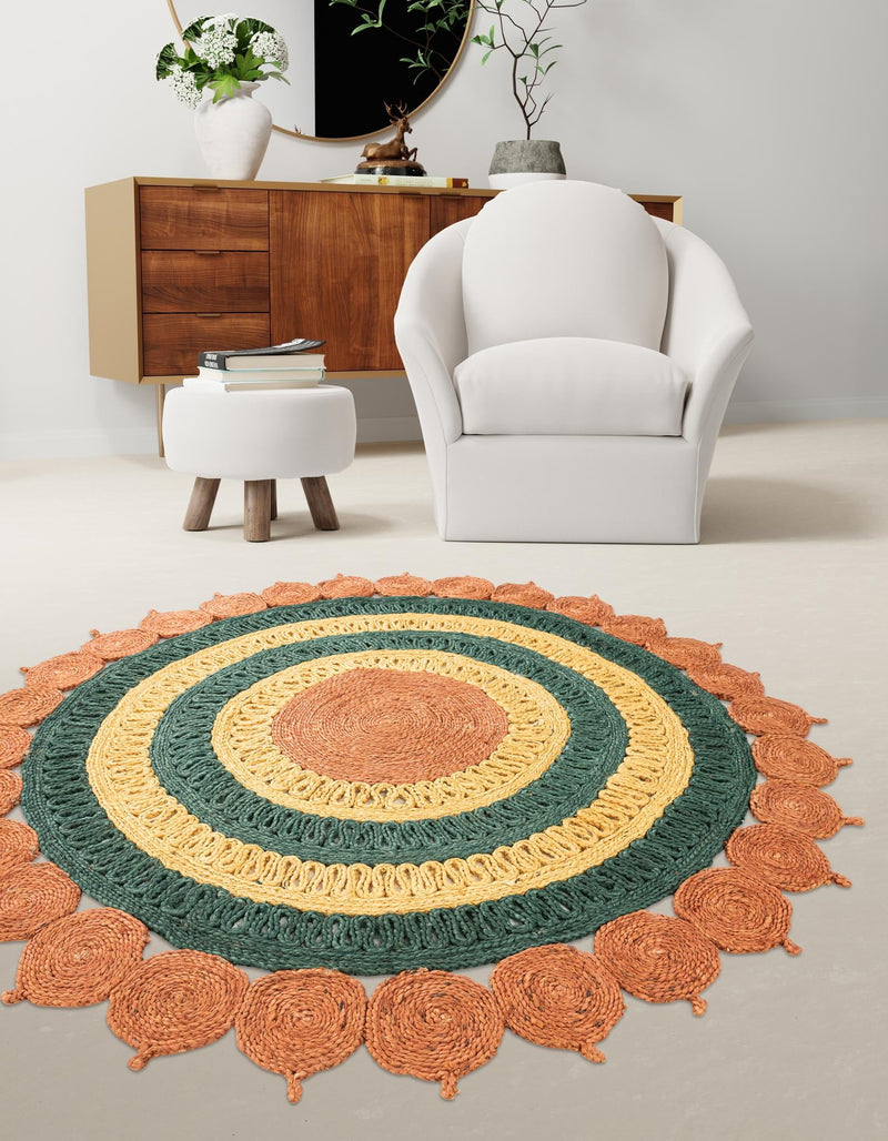 Woven Seaside Jute Collection Area Rug - Coastalhaven (Orange Green Yellow) Round Orange Green Yellow  lifestyle 3