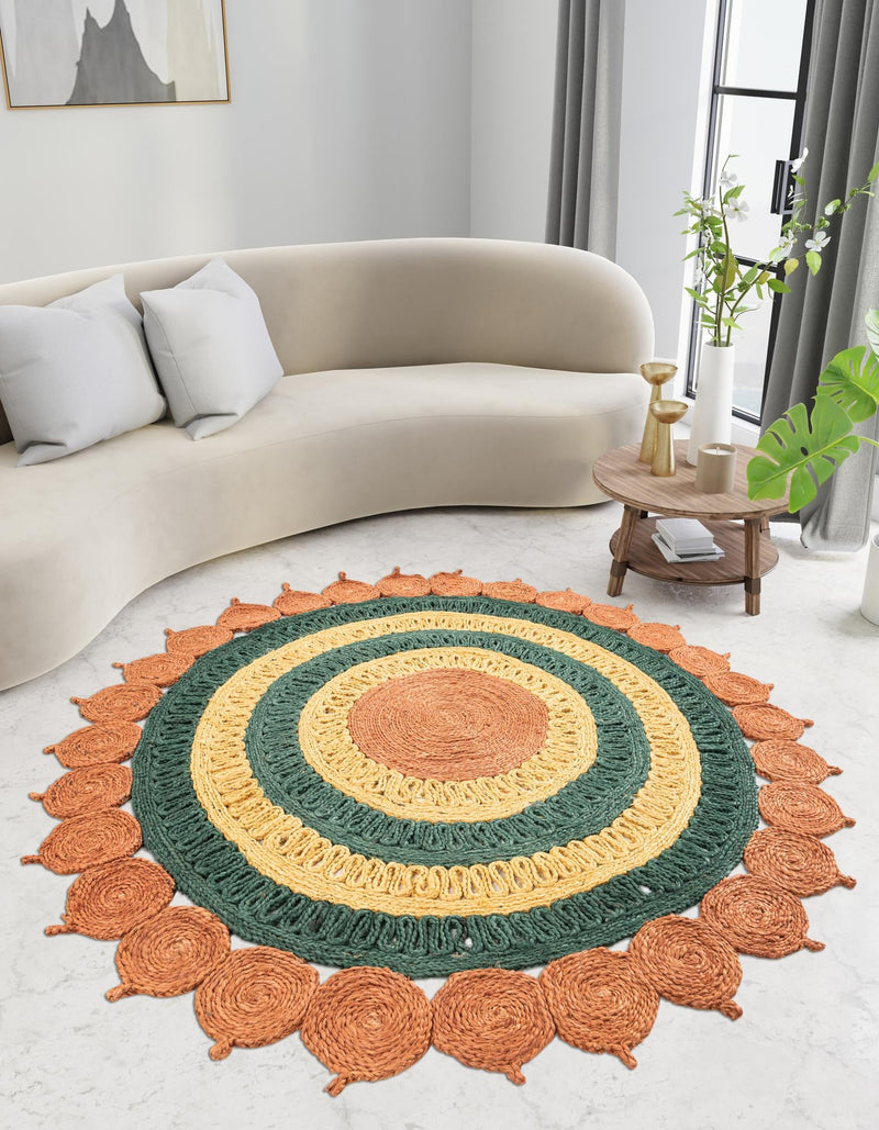 Woven Seaside Jute Collection Area Rug - Coastalhaven (Orange Green Yellow) Round Orange Green Yellow  lifestyle 7