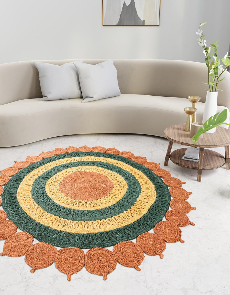 Woven Seaside Jute Collection Area Rug - Coastalhaven (Orange Green Yellow) Round Orange Green Yellow  lifestyle 9