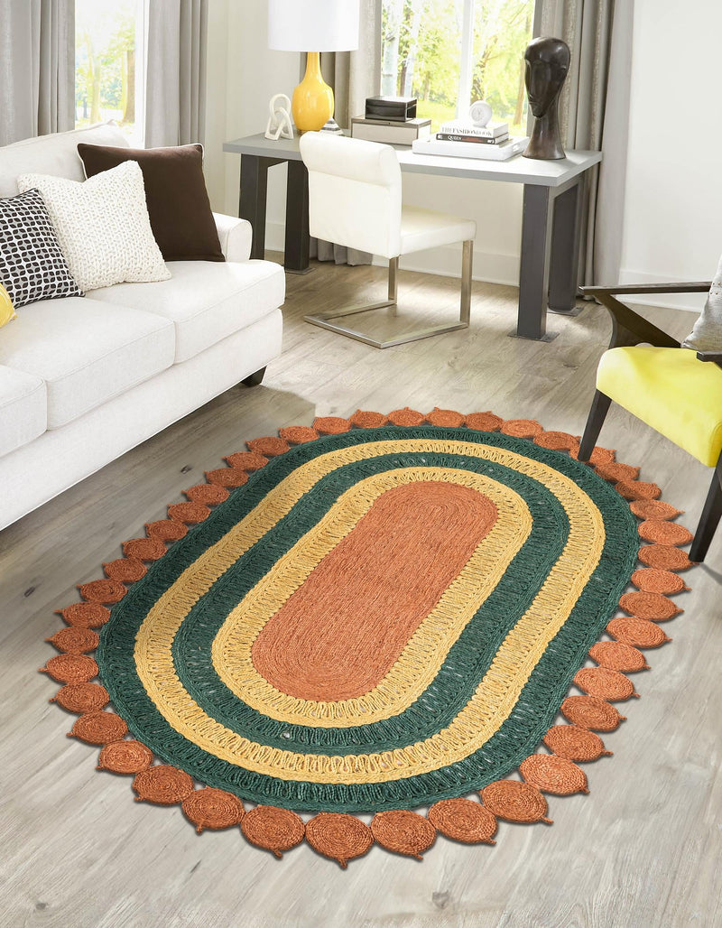 Woven Seaside Jute Collection Area Rug - Coastalhaven (Orange Green Yellow) Oval Orange Green Yellow  lifestyle 10