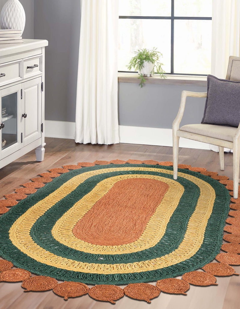 Woven Seaside Jute Collection Area Rug - Coastalhaven (Orange Green Yellow) Oval Orange Green Yellow  lifestyle 16