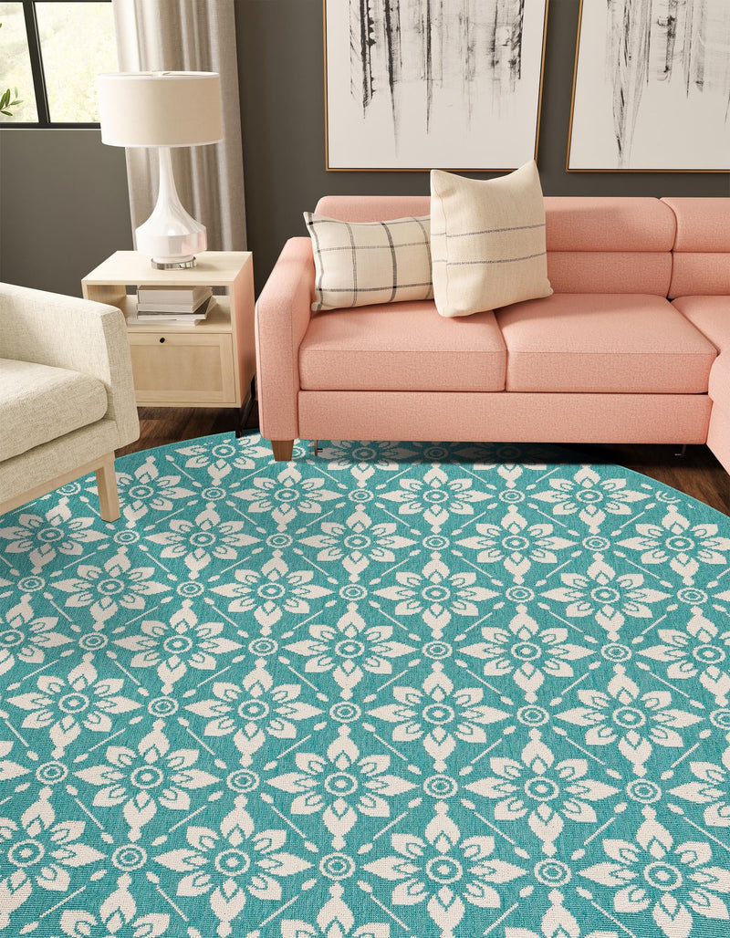 Seaside Lattice Collection Area Rug -  Whitby Round Teal  lifestyle 68