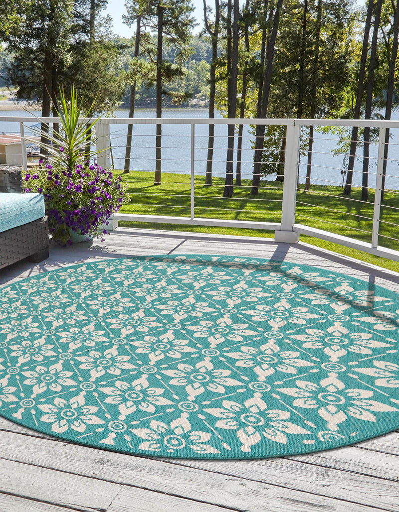 Seaside Lattice Collection Area Rug -  Whitby Round Teal  lifestyle 143