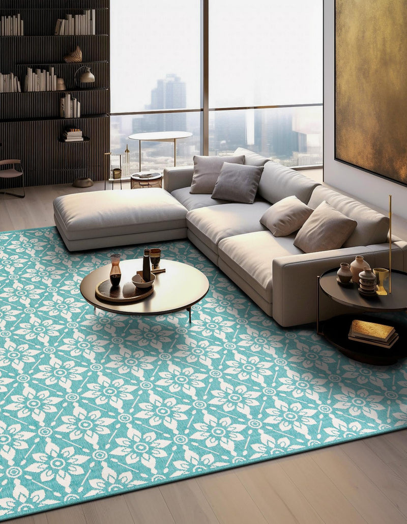 Seaside Lattice Collection Area Rug -  Whitby Square Teal  lifestyle 69