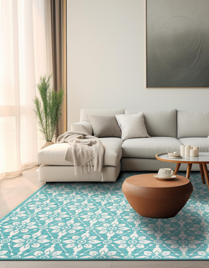 Seaside Lattice Collection Area Rug -  Whitby Square Teal  lifestyle 99