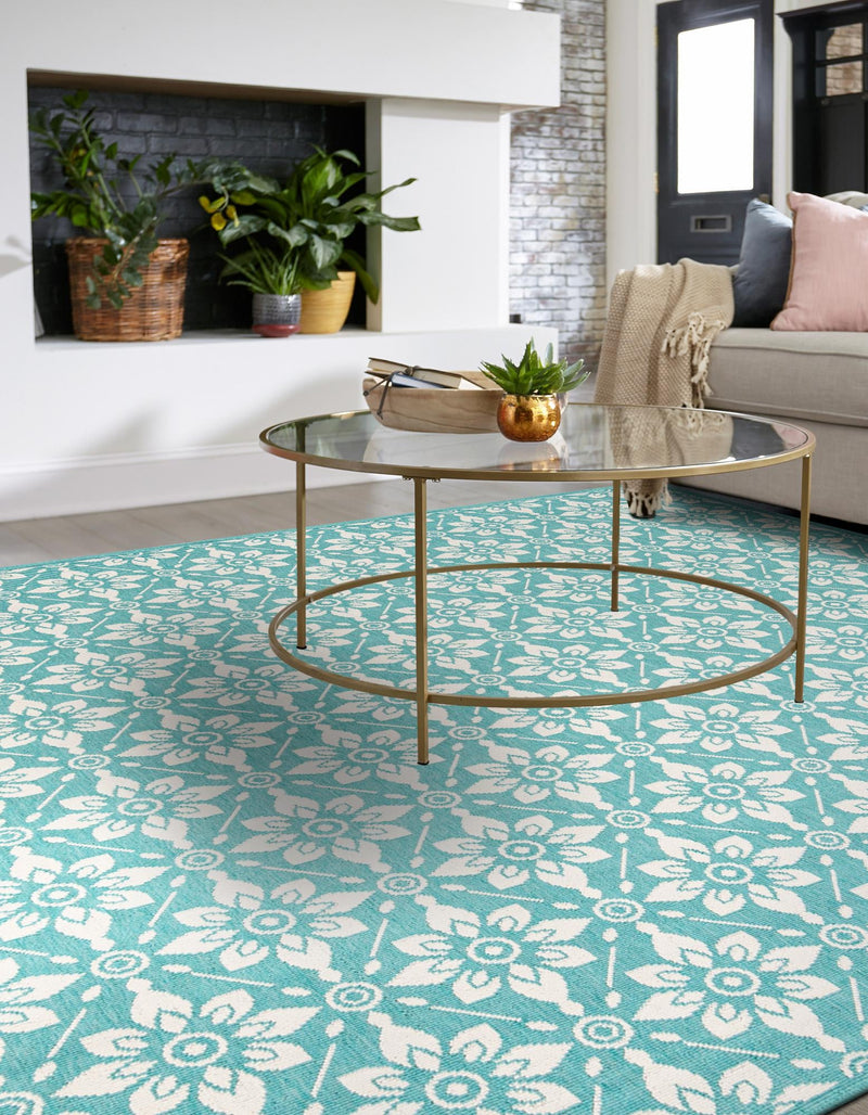 Seaside Lattice Collection Area Rug -  Whitby Square Teal  lifestyle 129