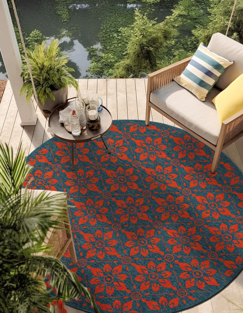 Seaside Lattice Collection Area Rug -  Whitby Round Blue and Red  lifestyle 176