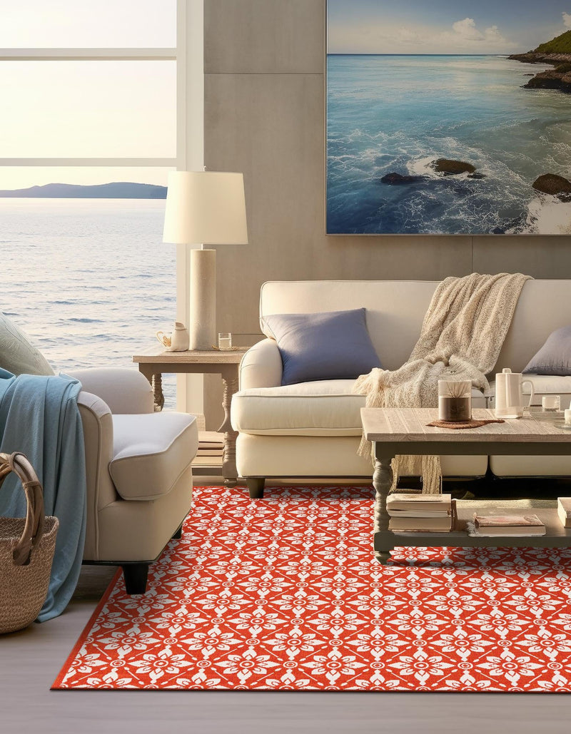 Seaside Lattice Collection Area Rug -  Whitby Square Rust Red  lifestyle 201