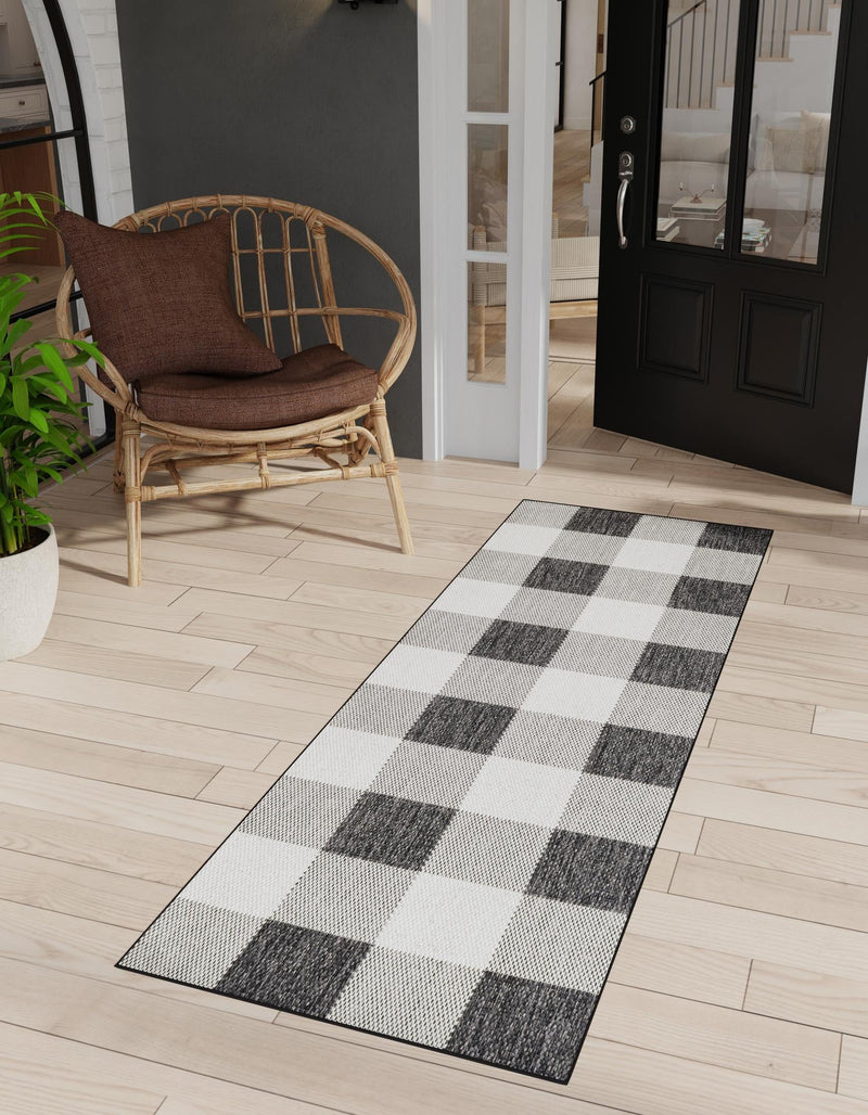 Patio Plaid Collection Area Rug - Veranda Runner Black and White  lifestyle 173