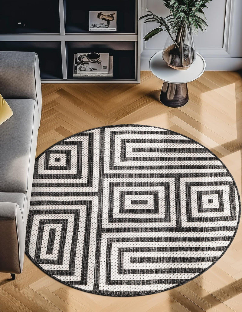 Urban Terrace Collection Area Rug -  Flatiron Round Black and White  lifestyle 102