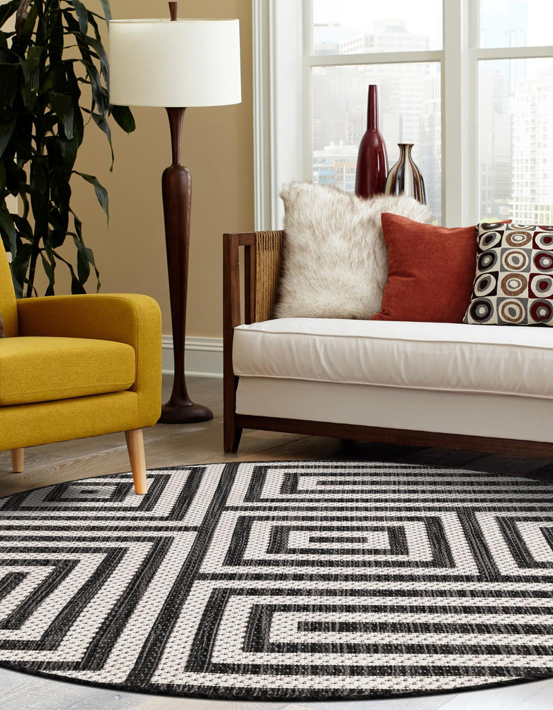 Urban Terrace Collection Area Rug -  Flatiron Round Black and White  lifestyle 120