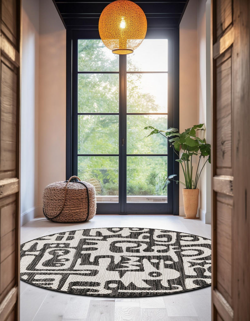 Urban Terrace Collection Area Rug -  Madison Round Black and White  lifestyle 189