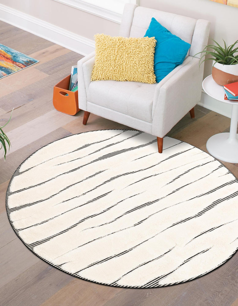 Monochrome Collection Area Rug - Slate Round Ivory White  lifestyle 45